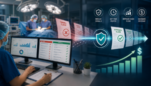 An anesthesia billing specialist reviews denied and approved claims on digital dashboards while operating room procedures take place in the background, illustrating denial reduction and faster reimbursement strategies.