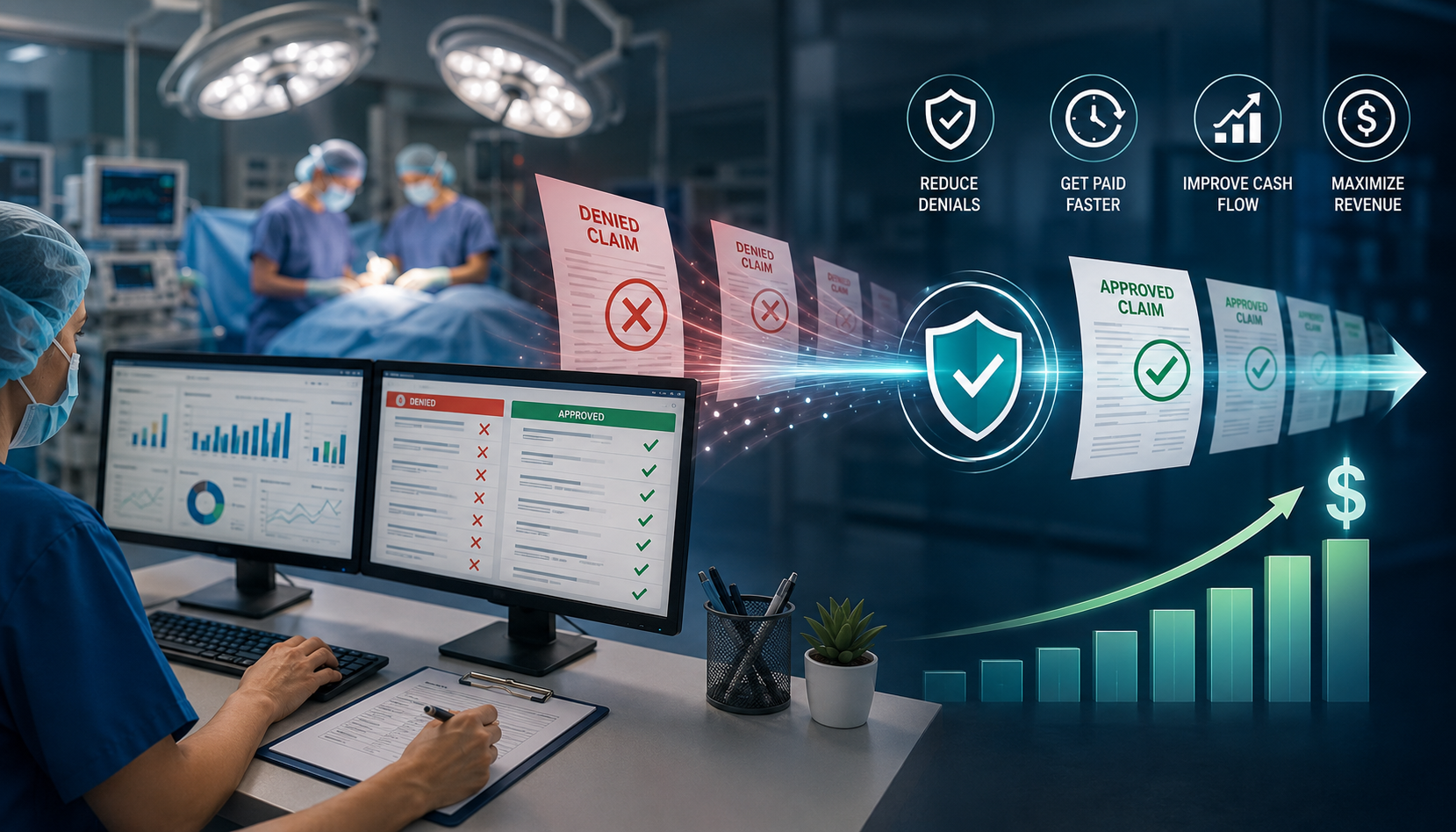 An anesthesia billing specialist reviews denied and approved claims on digital dashboards while operating room procedures take place in the background, illustrating denial reduction and faster reimbursement strategies.
