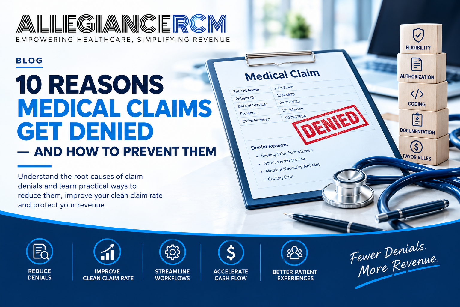 AllegianceRCM blog banner featuring 10 reasons medical claims get denied, with a denied medical claim, stethoscope, and revenue cycle concepts including eligibility, authorization, coding, documentation, and payer rules.