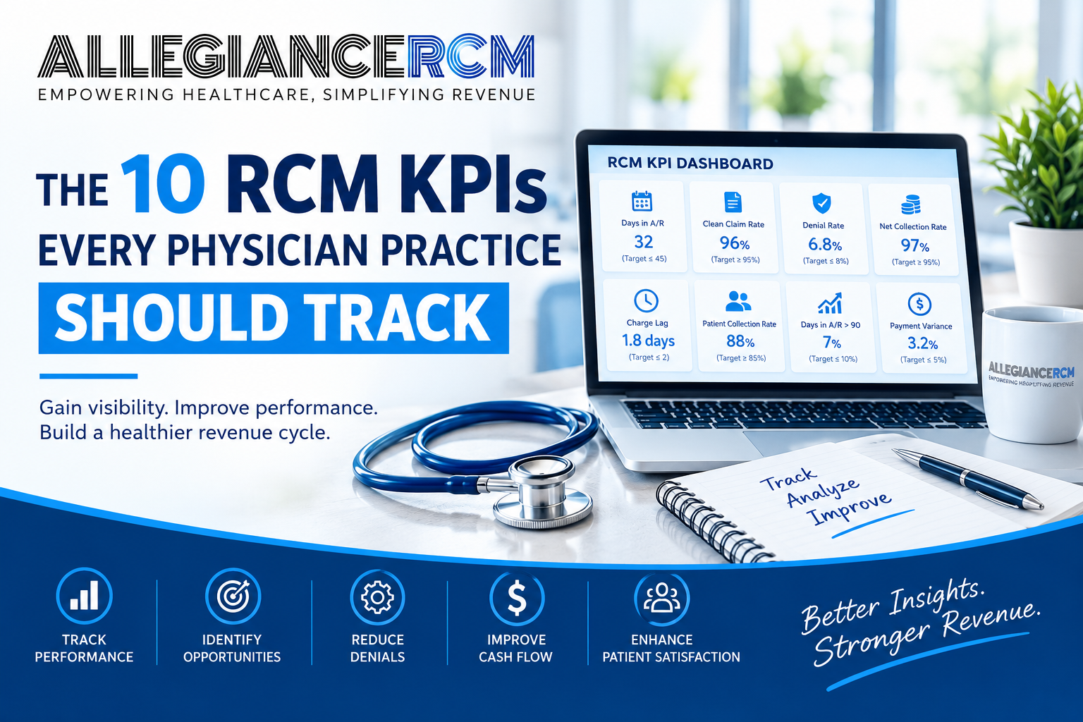 AllegianceRCM blog banner featuring the headline “The 10 RCM KPIs Every Physician Practice Should Track,” with an RCM KPI dashboard, healthcare office setting, stethoscope, and revenue cycle performance metrics.