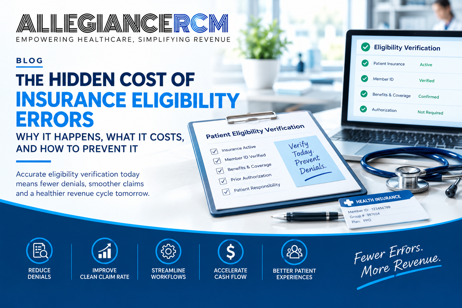 AllegianceRCM blog banner about the hidden cost of insurance eligibility errors, featuring an eligibility verification checklist, health insurance card, laptop dashboard, and stethoscope
