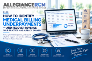 AllegianceRCM blog banner explaining how to identify medical billing underpayments, featuring a payment variance dashboard, payment reconciliation checklist, and healthcare revenue cycle analytics.