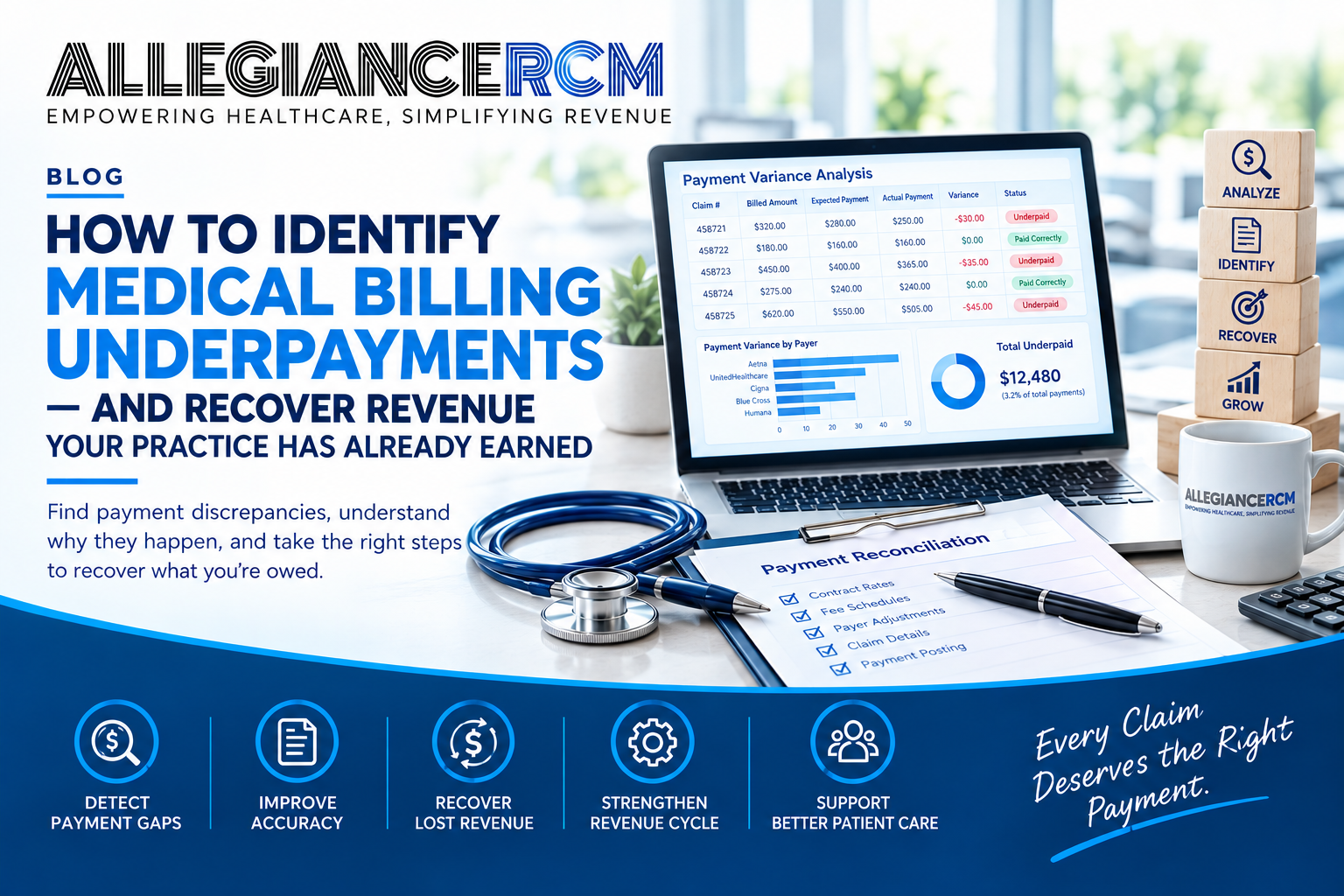 AllegianceRCM blog banner explaining how to identify medical billing underpayments, featuring a payment variance dashboard, payment reconciliation checklist, and healthcare revenue cycle analytics.